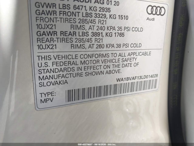 Aukcja sprzedaży 2020 Audi Q8 Premium Plus 55 Tfsi Quattro Tiptronic, vin: WA1BVAF13LD014028, numer aukcji: 45376657