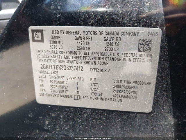 45376663 :رقم المزاد ، 2GKFLTEK3G6337412 vin ، 2016 Gmc Terrain Sle-2 مزاد بيع