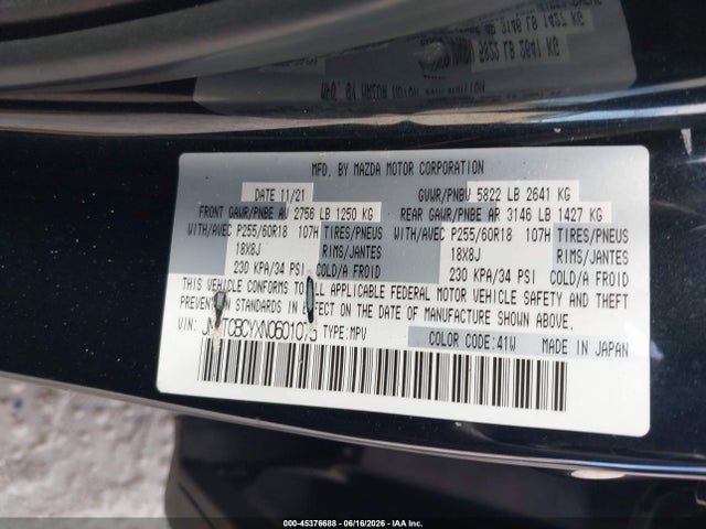 Aukcja sprzedaży 2022 Mazda Cx-9 Touring, vin: JM3TCBCYXN0601075, numer aukcji: 45376688