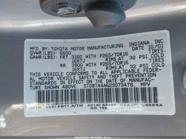 2002 Toyota Sequoia Sr5 V8 მანქანა იყიდება აუქციონზე, vin: 5TDBT44A62S073478, აუქციონის ნომერი: 45376700