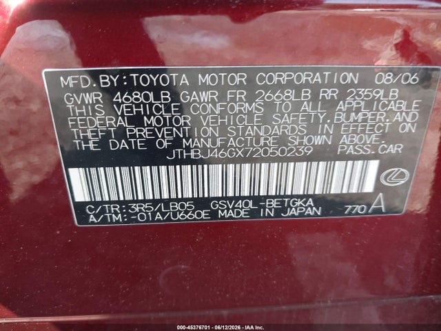 Aukcja sprzedaży 2007 Lexus Es 350, vin: JTHBJ46GX72050239, numer aukcji: 45376701