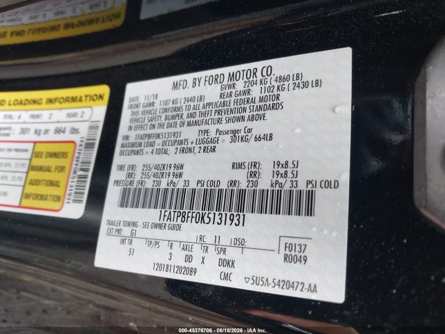 Продажа на аукционе авто 2019 Ford Mustang Gt Premium, vin: 1FATP8FF0K5131931, номер лота: 45376706