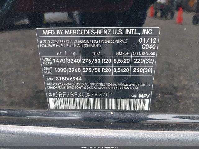 Продаж на аукціоні авто 2012 Mercedes-benz Gl 450 4matic, vin: 4JGBF7BEXCA782701, номер лоту: 45376722
