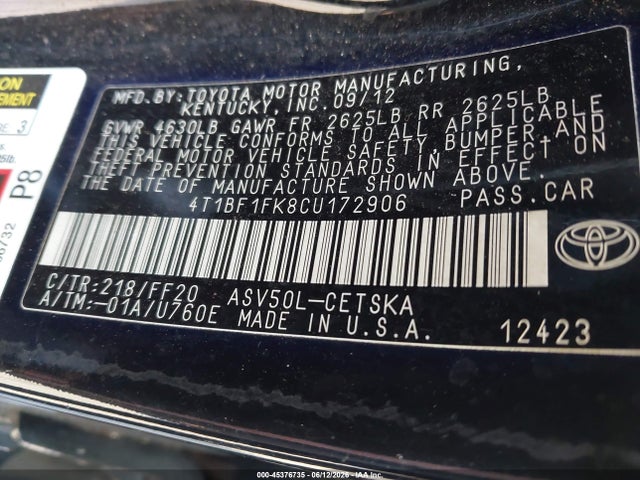 2012 Toyota Camry Se Limited Edition მანქანა იყიდება აუქციონზე, vin: 4T1BF1FK8CU172906, აუქციონის ნომერი: 45376735