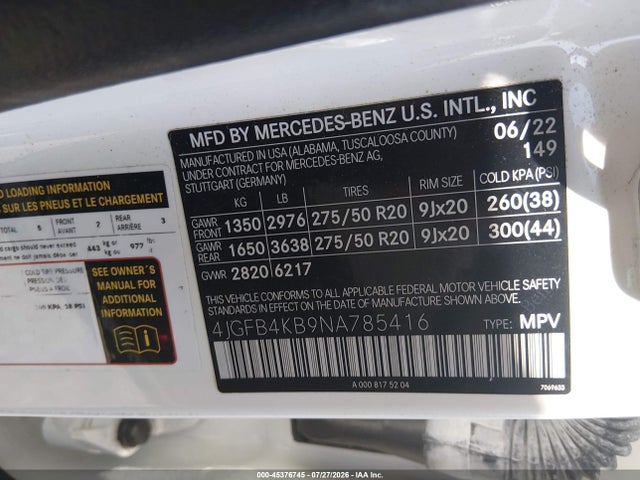 45376745 :رقم المزاد ، 4JGFB4KB9NA785416 vin ، 2022 Mercedes-benz Gle 350 4matic مزاد بيع