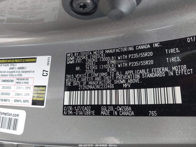 Aukcja sprzedaży 2022 Lexus Rx 350, vin: 2T2HZMAA3NC233466, numer aukcji: 45376751