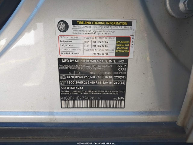 Aukcja sprzedaży 2007 Mercedes-benz Gl 450 4matic, vin: 4JGBF71E27A098118, numer aukcji: 45376765