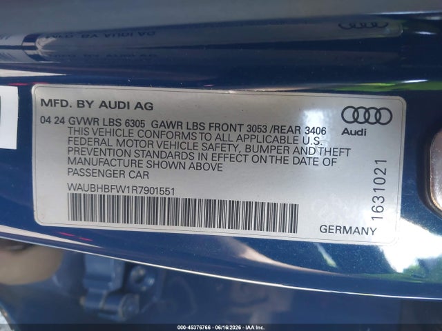 2024 Audi Rs E-tron Gt Quattro მანქანა იყიდება აუქციონზე, vin: WAUBHBFW1R7901551, აუქციონის ნომერი: 45376766