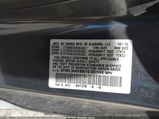 Aukcja sprzedaży 2011 Honda Odyssey Ex-l, vin: 5FNRL5H6XBB016165, numer aukcji: 45376767