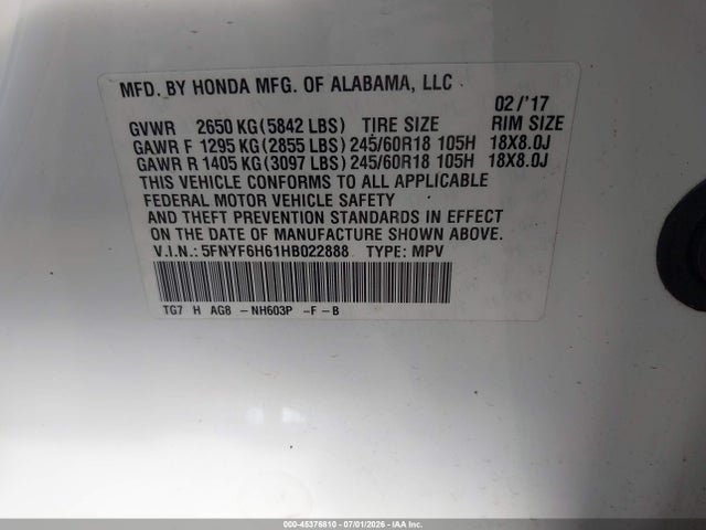 5FNYF6H61HB022888 Honda Pilot Ex-l