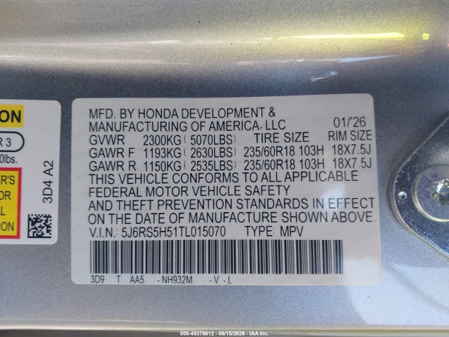 5J6RS5H51TL015070 Honda Cr-v Hybrid 2wd Sport