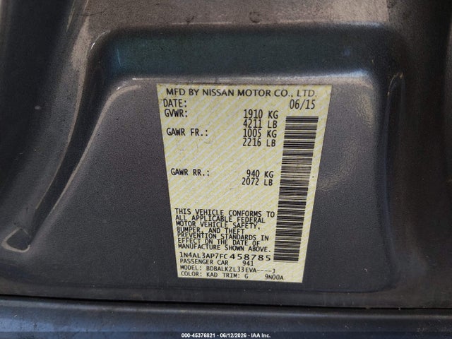 45376821 :رقم المزاد ، 1N4AL3AP7FC458785 vin ، 2015 Nissan Altima 2.5 Sv مزاد بيع