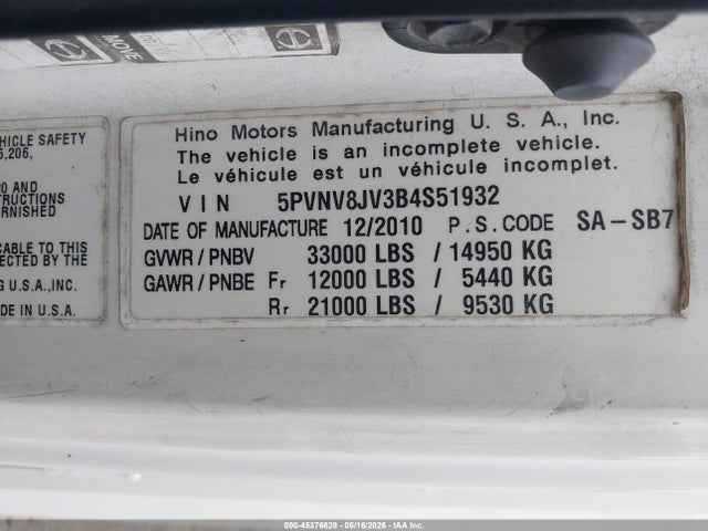 45376828 :رقم المزاد ، 5PVNV8JV3B4S51932 vin ، 2011 Hino Hino 338 مزاد بيع