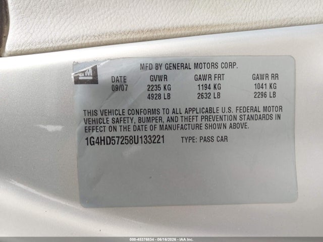 Продажа на аукционе авто 2008 Buick Lucerne Cxl, vin: 1G4HD57258U133221, номер лота: 45376834