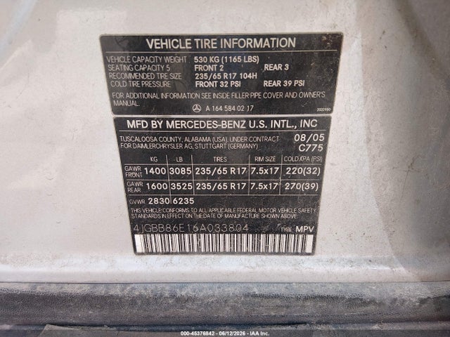 45376842 :رقم المزاد ، 4JGBB86E16A033804 vin ، 2006 Mercedes-benz Ml 350 4matic مزاد بيع