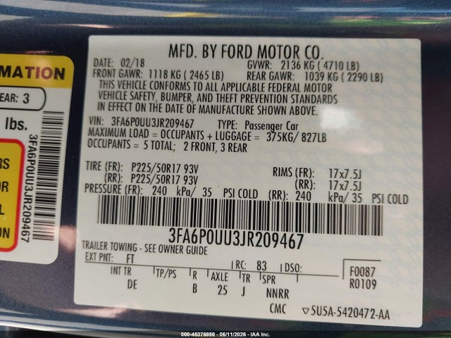 Ford Fusion Hybrid S 2018 3FA6P0UU3JR209467 Image 9