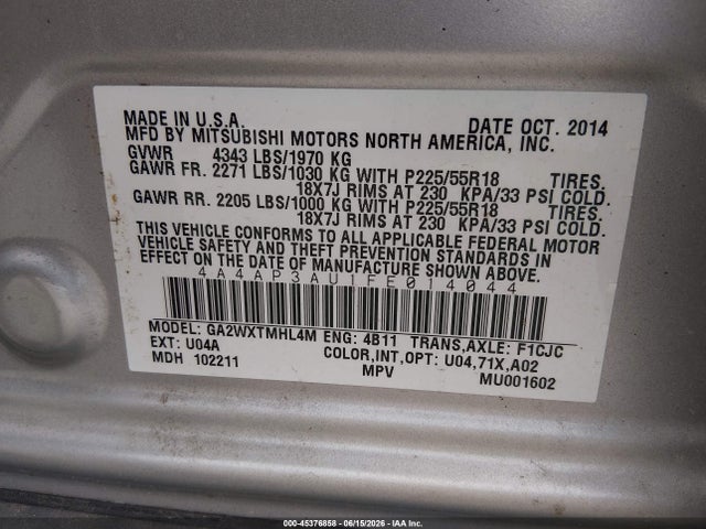 Aukcja sprzedaży 2015 Mitsubishi Outlander Sport Es, vin: 4A4AP3AU1FE014044, numer aukcji: 45376858