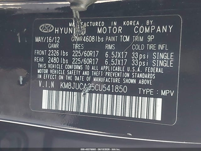 2012 Hyundai Tucson Gls მანქანა იყიდება აუქციონზე, vin: KM8JUCAC5CU541850, აუქციონის ნომერი: 45376865