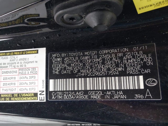 Aukcja sprzedaży 2011 Lexus Is 250c, vin: JTHFF2C29B2517594, numer aukcji: 45376866