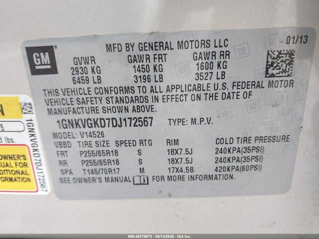 2013 Chevrolet Traverse Lt მანქანა იყიდება აუქციონზე, vin: 1GNKVGKD7DJ172567, აუქციონის ნომერი: 45376873
