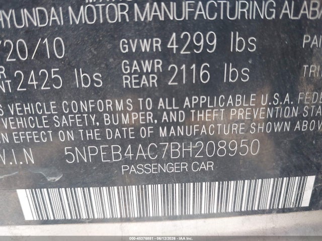 Продажа на аукционе авто 2011 Hyundai Sonata Gls, vin: 5NPEB4AC7BH208950, номер лота: 45376881