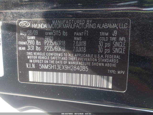Aukcja sprzedaży 2009 Hyundai Santa Fe Limited, vin: 5NMSH13EX9H284085, numer aukcji: 45376883