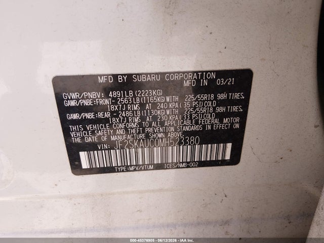 45376905 :رقم المزاد ، JF2SKAUC0MH523380 vin ، 2021 Subaru Forester Limited مزاد بيع