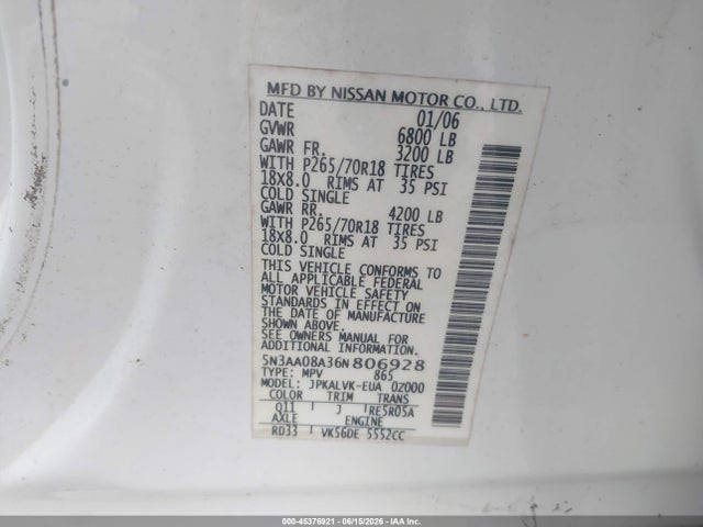 Продажа на аукционе авто 2006 Infiniti Qx56, vin: 5N3AA08A36N806928, номер лота: 45376921