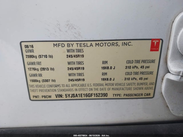 Aukcja sprzedaży 2016 Tesla Model S 60/70/75/85, vin: 5YJSA1E16GF152390, numer aukcji: 45376924