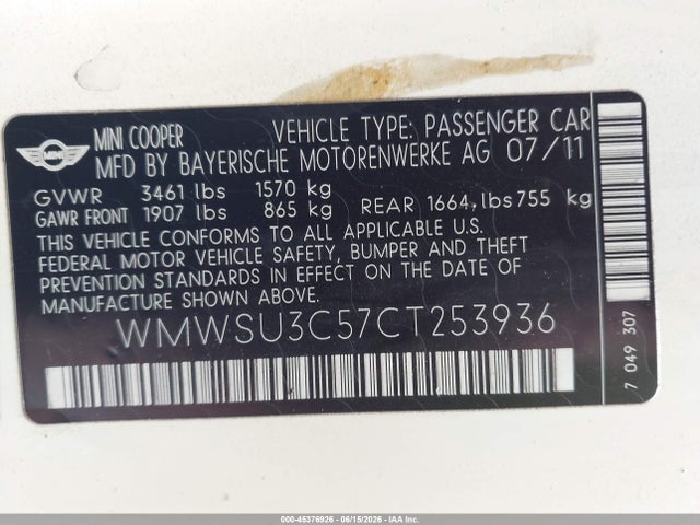 Продажа на аукционе авто 2012 Mini Cooper, vin: WMWSU3C57CT253936, номер лота: 45376926