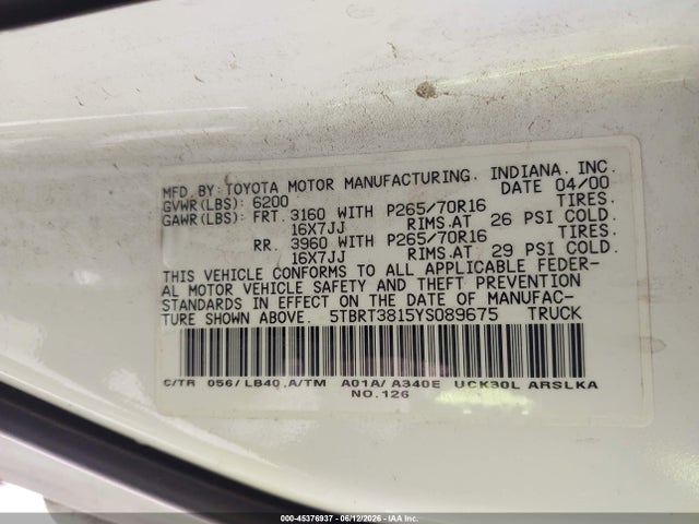 45376937 :رقم المزاد ، 5TBRT3815YS089675 vin ، 2000 Toyota Tundra Ltd V8 مزاد بيع