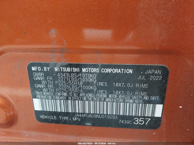 Продаж на аукціоні авто 2022 Mitsubishi Outlander Sport 2.0 Be 2wd/2.0 Es 2wd/2.0 Le 2wd/2.0 S 2wd, vin: JA4APUAU9NU019293, номер лоту: 45376938