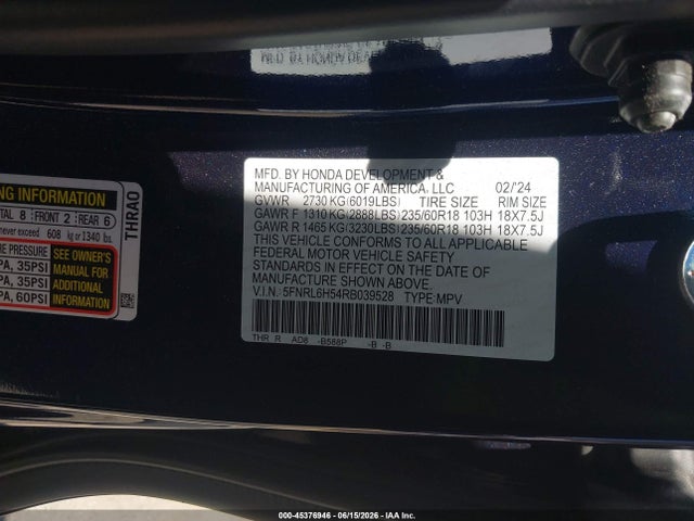 45376946 :رقم المزاد ، 5FNRL6H54RB039528 vin ، 2024 Honda Odyssey Ex مزاد بيع