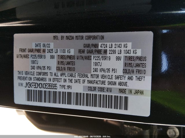 Aukcja sprzedaży 2022 Mazda Cx-5 2.5 S Premium, vin: JM3KFBDM0N0635685, numer aukcji: 45376949