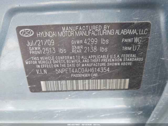 Продажа на аукционе авто 2010 Hyundai Sonata Gls, vin: 5NPET4AC0AH614354, номер лота: 45376957