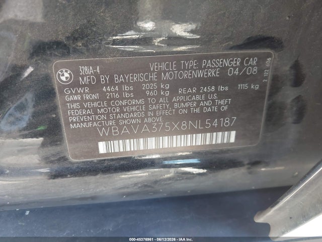 Продаж на аукціоні авто 2008 Bmw 328i, vin: WBAVA375X8NL54187, номер лоту: 45376961
