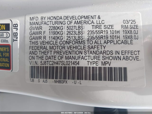 45376963 :رقم المزاد ، 5J8TC2H47SL021454 vin ، 2025 Acura Rdx مزاد بيع