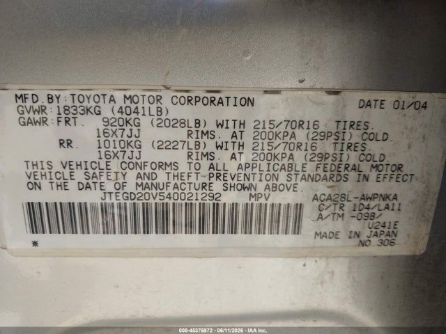Aukcja sprzedaży 2004 Toyota Rav4, vin: JTEGD20V540021292, numer aukcji: 45376972