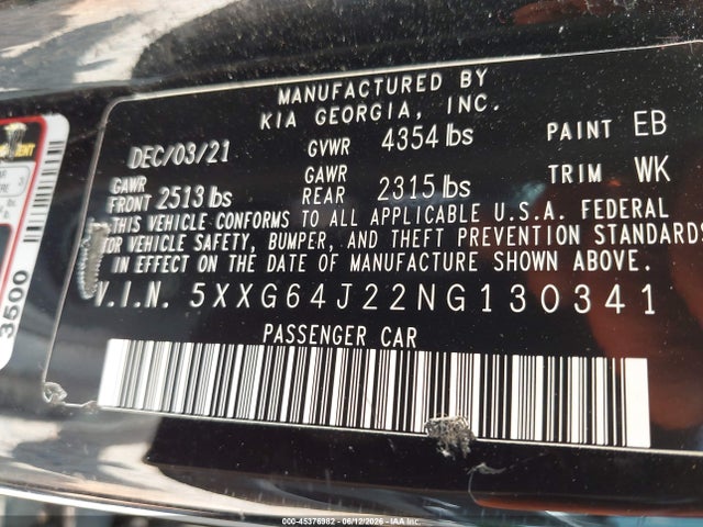 Aukcja sprzedaży 2022 Kia K5 Gt-line, vin: 5XXG64J22NG130341, numer aukcji: 45376982