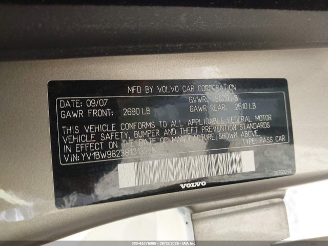 45376988 :رقم المزاد ، YV1BW982381013228 vin ، 2008 Volvo V70 3.2 مزاد بيع