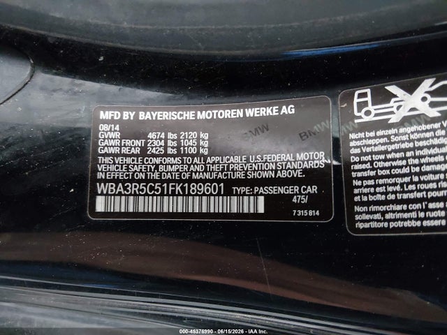 45376990 :رقم المزاد ، WBA3R5C51FK189601 vin ، 2015 Bmw 435i Xdrive مزاد بيع