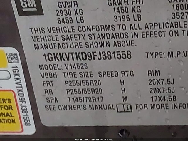 2015 Gmc Acadia Denali მანქანა იყიდება აუქციონზე, vin: 1GKKVTKD9FJ381558, აუქციონის ნომერი: 45376993