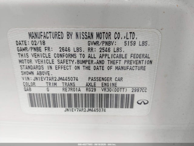 Продажа на аукционе авто 2018 Infiniti Q50 3.0t Luxe, vin: JN1EV7AR2JM445074, номер лота: 45377003