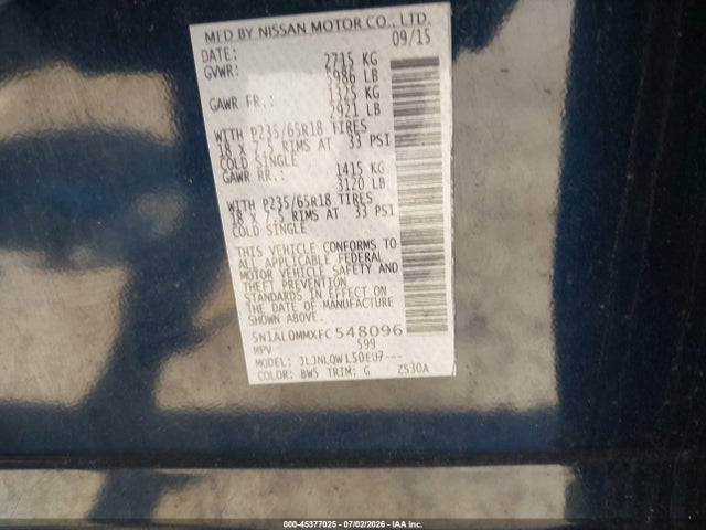 Продаж на аукціоні авто 2015 Infiniti Qx60, vin: 5N1AL0MMXFC548096, номер лоту: 45377025