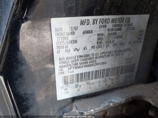 Aukcja sprzedaży 2008 Ford Super Duty F-350 Srw Fx4/harley-davidson/king Ranch/lariat/xl/xlt, vin: 1FTSW31R88ED01362, numer aukcji: 45377043