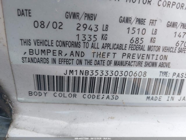 Продаж на аукціоні авто 2003 Mazda Mx-5 Miata Cloth/ls/se/shinsen, vin: JM1NB353330300608, номер лоту: 45377050