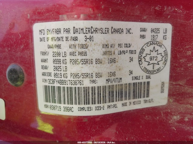 Продаж на аукціоні авто 2001 Chrysler Pt Cruiser, vin: 3C8FY4BB91T638761, номер лоту: 45377056