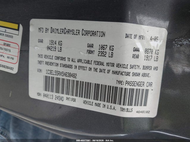 Aukcja sprzedaży 2005 Chrysler Sebring Touring, vin: 1C3EL55RX5N638482, numer aukcji: 45377061