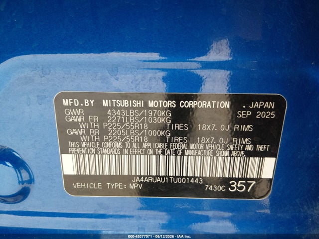Продаж на аукціоні авто 2026 Mitsubishi Outlander Sport 2.0 Es/2.0 Le/2.0 Ralliart/2.0 S/2.0 Se/2.0 Trail Edition, vin: JA4ARUAU1TU001443, номер лоту: 45377071