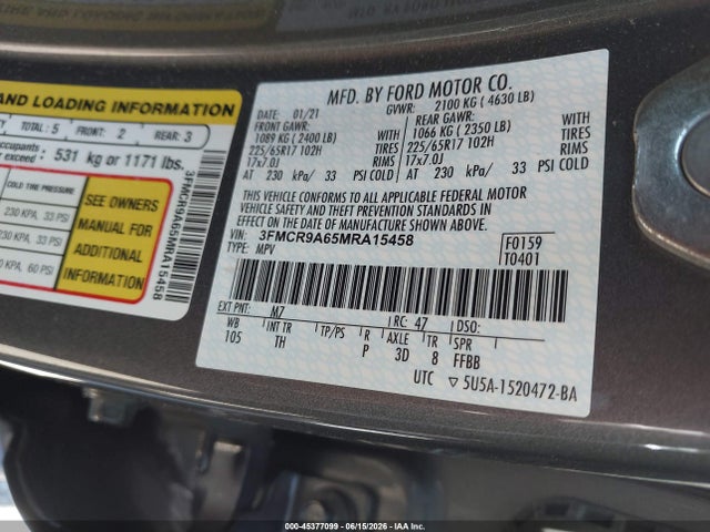 Aukcja sprzedaży 2021 Ford Bronco Sport, vin: 3FMCR9A65MRA15458, numer aukcji: 45377099